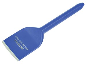 A hardened steel 57mm bolster chisel with a wide flat blade, used for cutting masonry, tiles, and breaking out concrete.