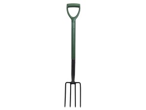 A Faithfull garden fork with four hardened steel tines and a wooden handle, for breaking up soil and lifting root vegetables.