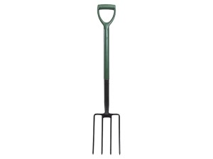 A Faithfull garden fork with four hardened steel tines and a wooden handle, for breaking up soil and lifting root vegetables.