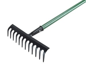 A Faithfull garden rake with multiple hardened steel tines and a long wooden handle, for levelling soil and clearing debris.