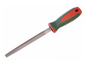 A Faithfull second-cut square file with a hardened steel abrasive surface and a turned wooden or synthetic handle, for shaping and deburring metal.
