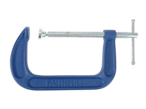 A Faithfull  150mm G-clamp with a malleable iron body and a swivel pad, for holding workpieces securely to a bench or frame.