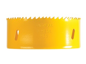 A bi-metal 102mm hole saw with hardened teeth and a centre drill-bit pilot, for cutting large-diameter holes in timber, metal, and plastic.