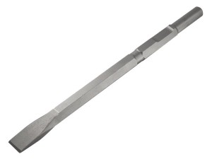 A hardened steel chisel with a bevelled cutting edge and a square-section body, for cutting stone, brick, or timber.