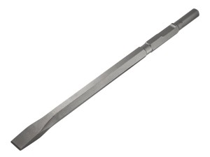 A hardened steel chisel with a bevelled cutting edge and a square-section body, for cutting stone, brick, or timber.