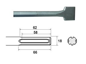 A hardened steel SDS demolition chisel with a wide flat blade, designed for use with SDS rotary hammers to break out tiles, mortar, and concrete.