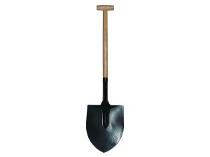 A Faithfull short-handled rounded-bladed spade with a steel blade and a wooden or fibreglass shaft, for general digging work.