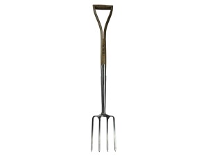 A Faithfull garden fork with four hardened steel tines and a wooden handle, for breaking up soil and lifting root vegetables.