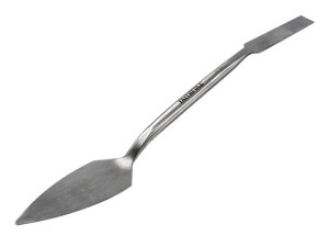 A Faithfull trowel with a polished steel blade and an ergonomic handle, for applying and finishing mortar, plaster, and adhesive.