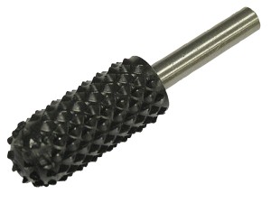 A Faithfull needle file with a hardened steel abrasive surface and a turned wooden or synthetic handle, for shaping and deburring metal.