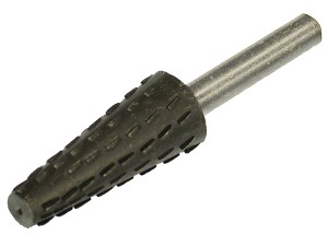 A Faithfull needle file with a hardened steel abrasive surface and a turned wooden or synthetic handle, for shaping and deburring metal.
