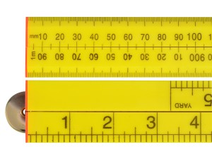 A Faithfull folding carpenter's rule with hinged sections and dual metric and imperial graduations.,