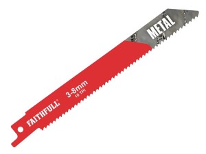 A reciprocating saw blade with a universal tang fitting and bi-metal teeth, for demolition cutting through timber, nails, and pipe.