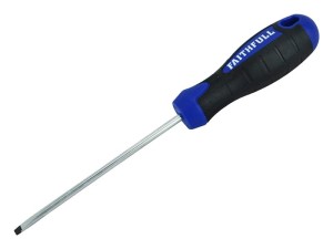 A Faithfull flathead screwdriver with a comfort-grip handle and a hardened steel tip, for general assembly and fastening work.