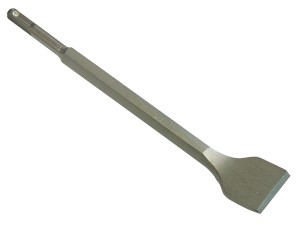 A hardened steel SDS demolition chisel with a wide flat blade, designed for use with SDS rotary hammers to break out tiles, mortar, and concrete.