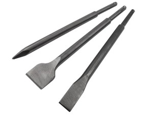 A hardened steel SDS demolition chisel with a wide flat blade, designed for use with SDS rotary hammers to break out tiles, mortar, and concrete.