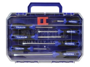 A clear plastic toolbox with a blue handle holds eight screwdrivers with black and blue handles labeled FAITHFULL and a small red tool, all neatly organized in individual slots.
