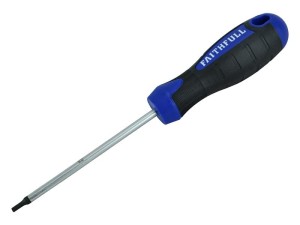 A Faithfull multi-tip screwdriver with a comfort-grip handle and a hardened steel tip, for general assembly and fastening work.