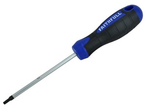A Faithfull multi-tip screwdriver with a comfort-grip handle and a hardened steel tip, for general assembly and fastening work.