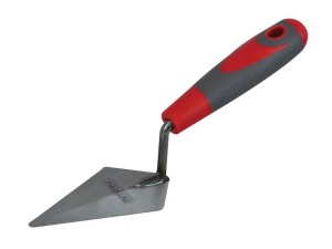 A Faithfull pointing trowel with a small triangular steel blade and a turned wooden or plastic handle, for filling and pointing mortar joints.