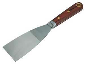 A 50mm flexible filling knife with a thin steel blade and a painted wooden or plastic handle, for applying and smoothing filler and caulk.