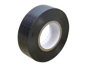 A roll of black electrical tape with a white cardboard core, shown on a white background.