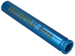 A bi-metal 8mm hole saw with hardened teeth and a centre drill-bit pilot, for cutting large-diameter holes in timber, metal, and plastic.