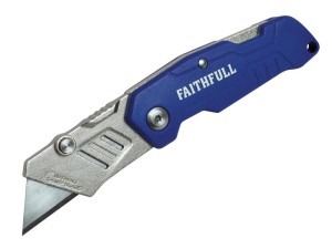 A retractable utility knife with a rubberised or plastic body, a locking mechanism, and replaceable snap-off blade segments.