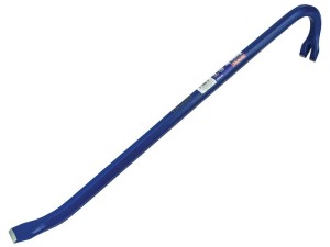 A hardened steel crowbar with a curved prying end and a pointed chisel tip, designed for levering, prying, and demolition work.