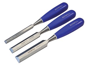 A bevel-edge wood chisel with a hardened steel blade and a polymer or wooden handle, for paring and chopping joints in timber.