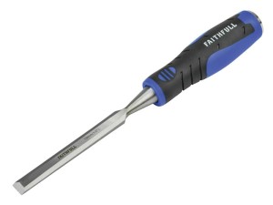A bevel-edge wood chisel with a hardened steel blade and a polymer or wooden handle, for paring and chopping joints in timber.