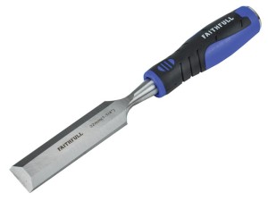 A bevel-edge wood chisel with a hardened steel blade and a polymer or wooden handle, for paring and chopping joints in timber.