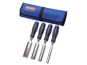 A hardened steel chisel with a bevelled cutting edge and a square-section body, for cutting stone, brick, or timber.