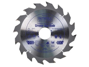 A Faithfull cordless circular saw with a motor, an adjustable bevel plate, and a blade guard, for ripping and cross-cutting timber.