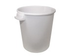 A heavy-duty plastic site bucket with a sturdy carry handle and measurement markings on the interior, for mixing and transporting materials.