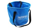 A heavy-duty plastic site bucket with a sturdy carry handle and measurement markings on the interior, for mixing and transporting materials.