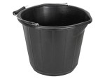 A heavy-duty plastic site bucket with a sturdy carry handle and measurement markings on the interior, for mixing and transporting materials.