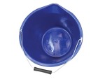 A heavy-duty plastic site bucket with a sturdy carry handle and measurement markings on the interior, for mixing and transporting materials.