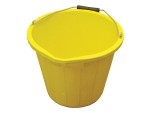 A heavy-duty plastic site bucket with a sturdy carry handle and measurement markings on the interior, for mixing and transporting materials.