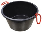 A heavy-duty plastic site bucket with a sturdy carry handle and measurement markings on the interior, for mixing and transporting materials.