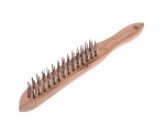A wire brush with steel or brass bristle rows in a wooden or plastic handle, for removing rust, scale, and surface contaminants from metal.