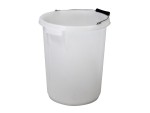 A heavy-duty plastic site bucket with a sturdy carry handle and measurement markings on the interior, for mixing and transporting materials.