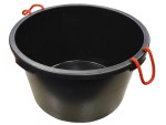 A heavy-duty plastic site bucket with a sturdy carry handle and measurement markings on the interior, for mixing and transporting materials.
