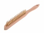 A wire brush with steel or brass bristle rows in a wooden or plastic handle, for removing rust, scale, and surface contaminants from metal.