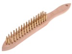 A wire brush with steel or brass bristle rows in a wooden or plastic handle, for removing rust, scale, and surface contaminants from metal.