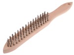 A wire brush with steel or brass bristle rows in a wooden or plastic handle, for removing rust, scale, and surface contaminants from metal.