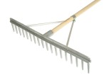 A Faithfull garden rake with multiple hardened steel tines and a long wooden handle, for levelling soil and clearing debris.