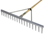 A Faithfull garden rake with multiple hardened steel tines and a long wooden handle, for levelling soil and clearing debris.