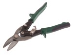 A pair of compound-action tin snips with serrated blades and colour-coded handles indicating the cutting direction.,
