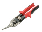 A pair of compound-action tin snips with serrated blades and colour-coded handles indicating the cutting direction.,